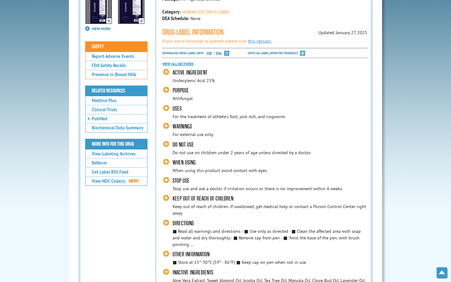 Lunavia Antifungal Pen Reviews: Nail Claims and Refill Terms Investigated 1 DailyMed Lunavia antifungal pen label showing undecylenic acid 25% and listed skin-fungus uses
