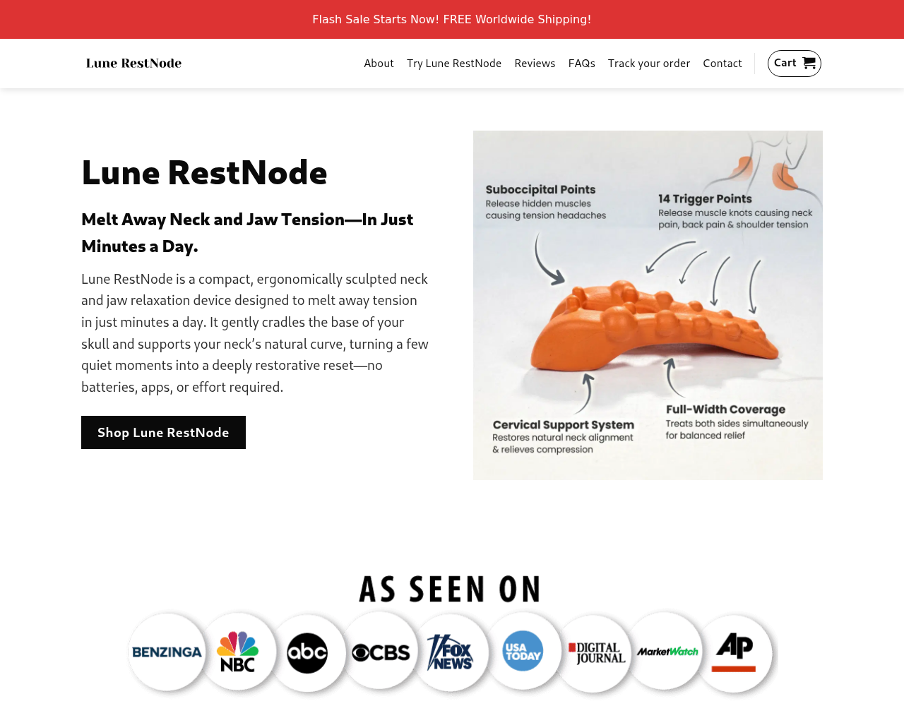 Lune RestNode storefront describing its neck and jaw relaxation device