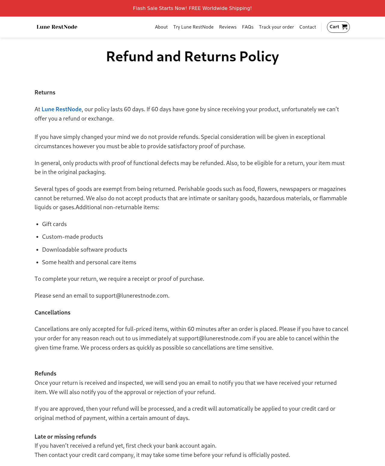 Lune RestNode refund policy showing defect-based refunds and a limited cancellation window