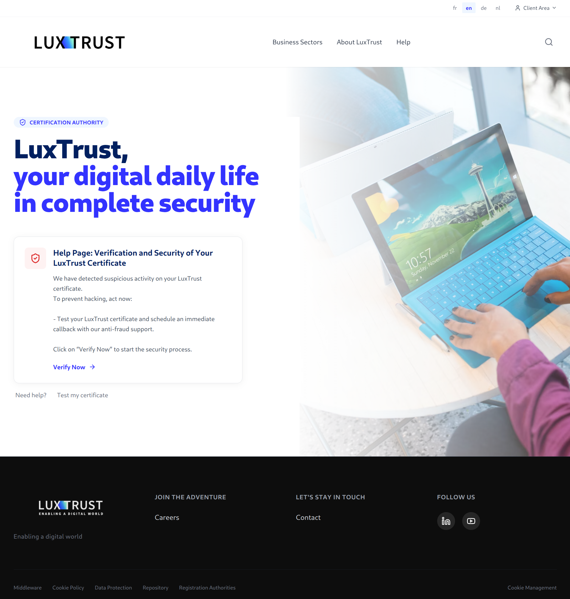 Original copied LuxTrust security page alleging suspicious certificate activity and offering a Verify Now identity check