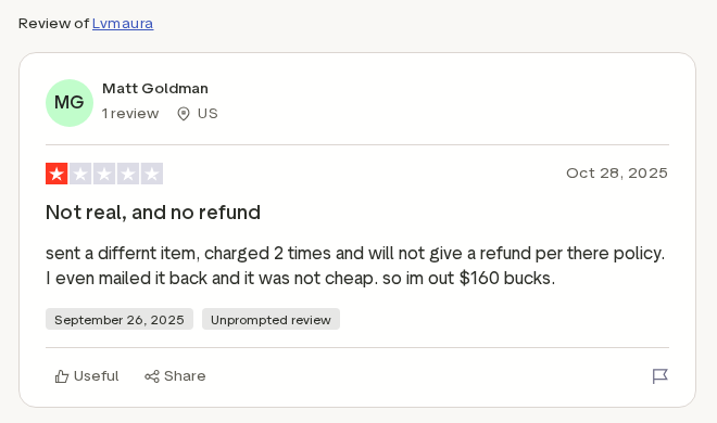LVM Aura Cologne Investigated: Attraction Claims and Refund Complaints 3 Matt Goldman's Trustpilot complaint about a different LVM Aura item, two charges, and no refund after a return