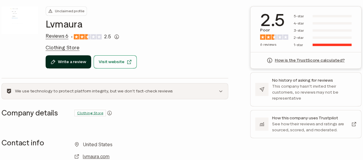 Trustpilot profile for lvmaura.com showing six reviews, a 2.5 score, and a one-star rating distribution