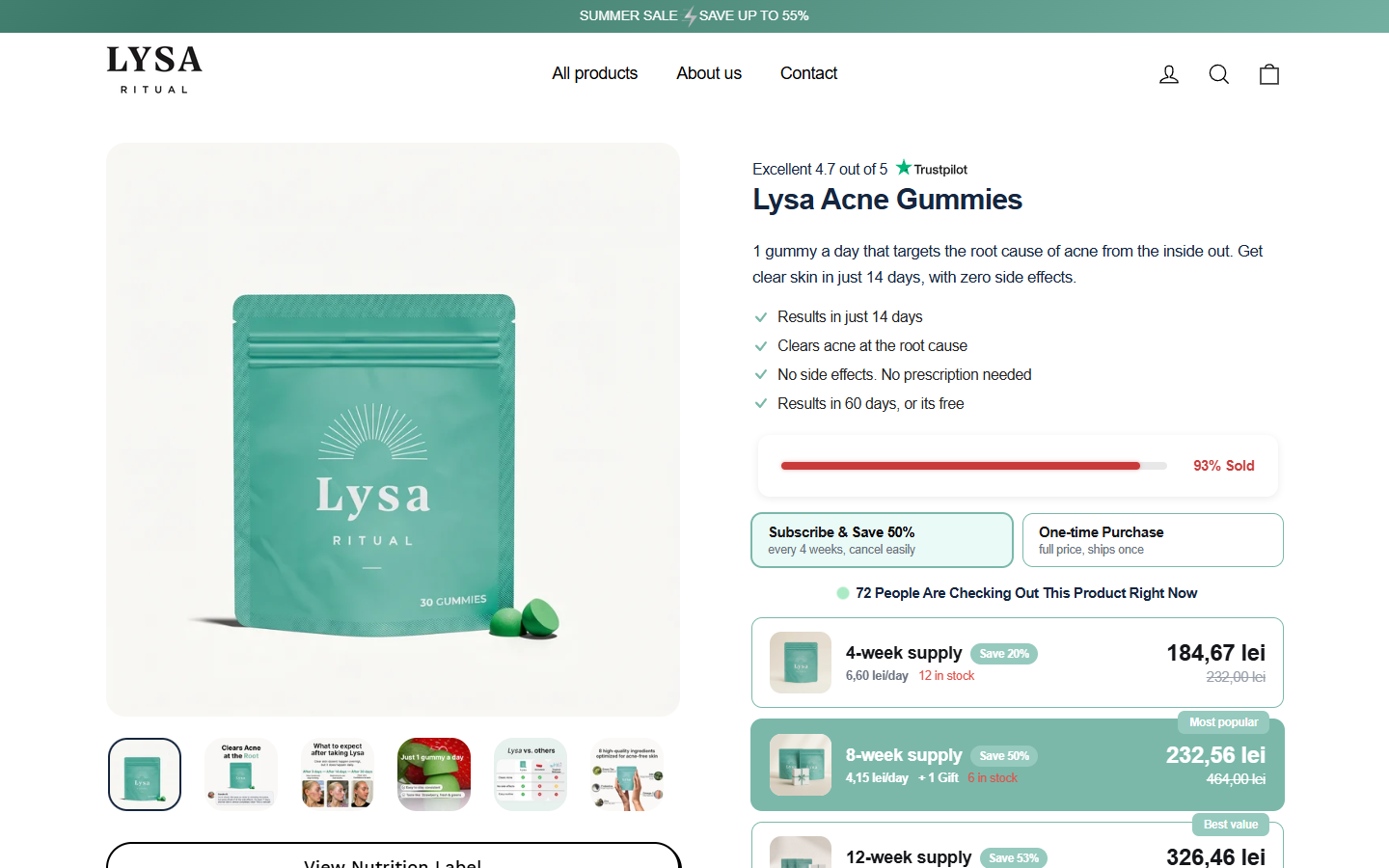 Lysa Ritual Acne Gummies Review: Subscription and Refund Terms Explained 1 Lysa Acne Gummies sales page displaying the subscription and one-time purchase options