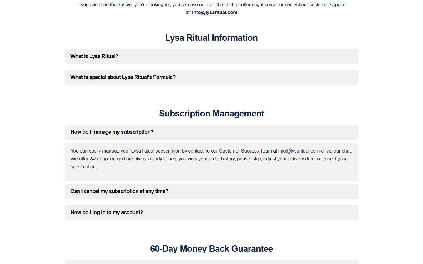 Lysa Ritual Acne Gummies Review: Subscription and Refund Terms Explained 2 Lysa Ritual FAQ explaining how customers manage a recurring subscription