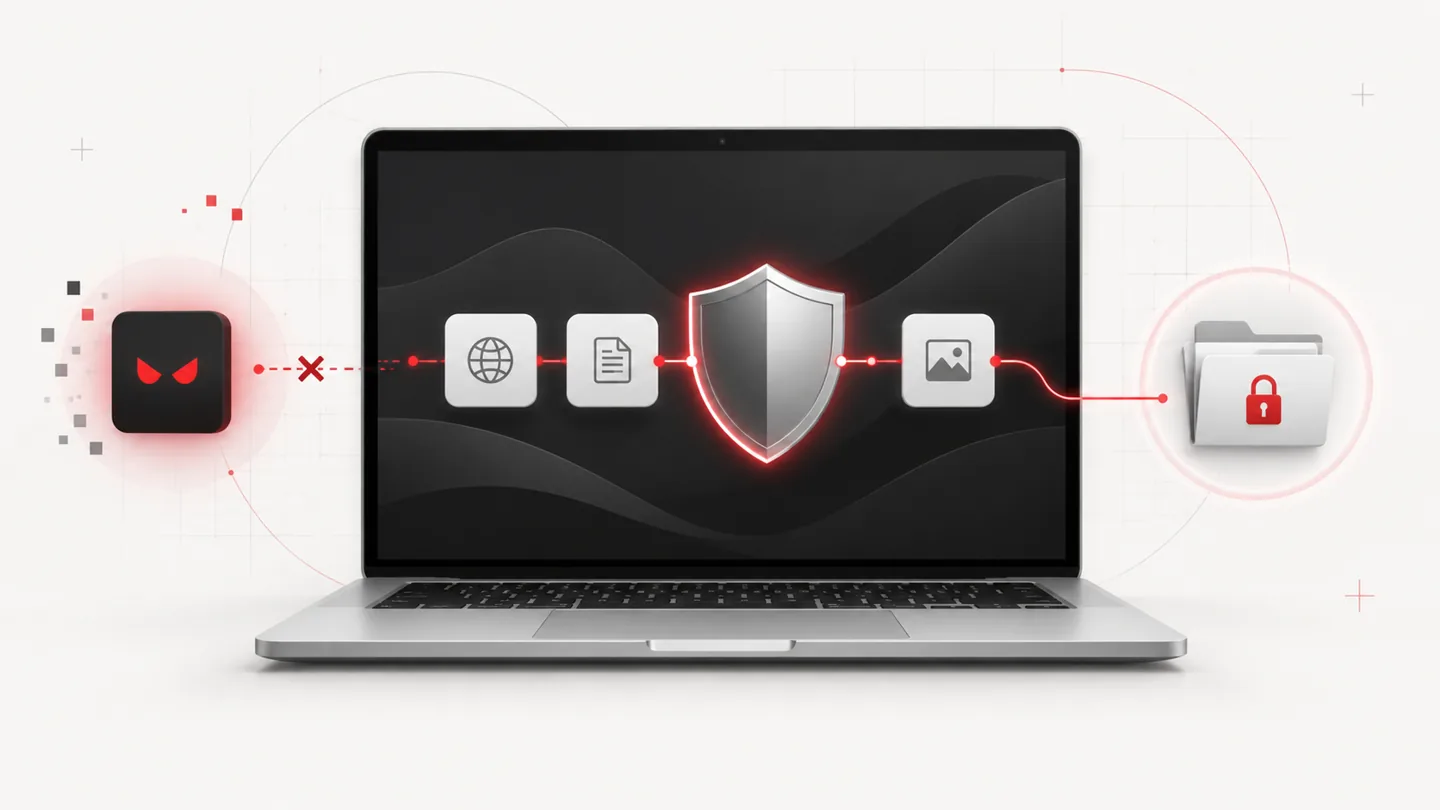 Illustration of a Mac security cleanup protecting personal files while unwanted software is isolated