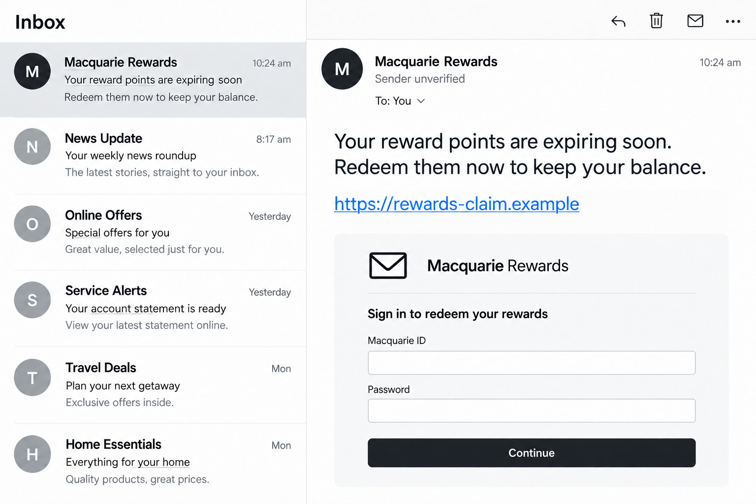 Macquarie Rewards Text Scam: The Expiring Points Message That Steals Logins 1 Illustrative Macquarie Rewards phishing message and empty fake sign-in form using a nonfunctional example link