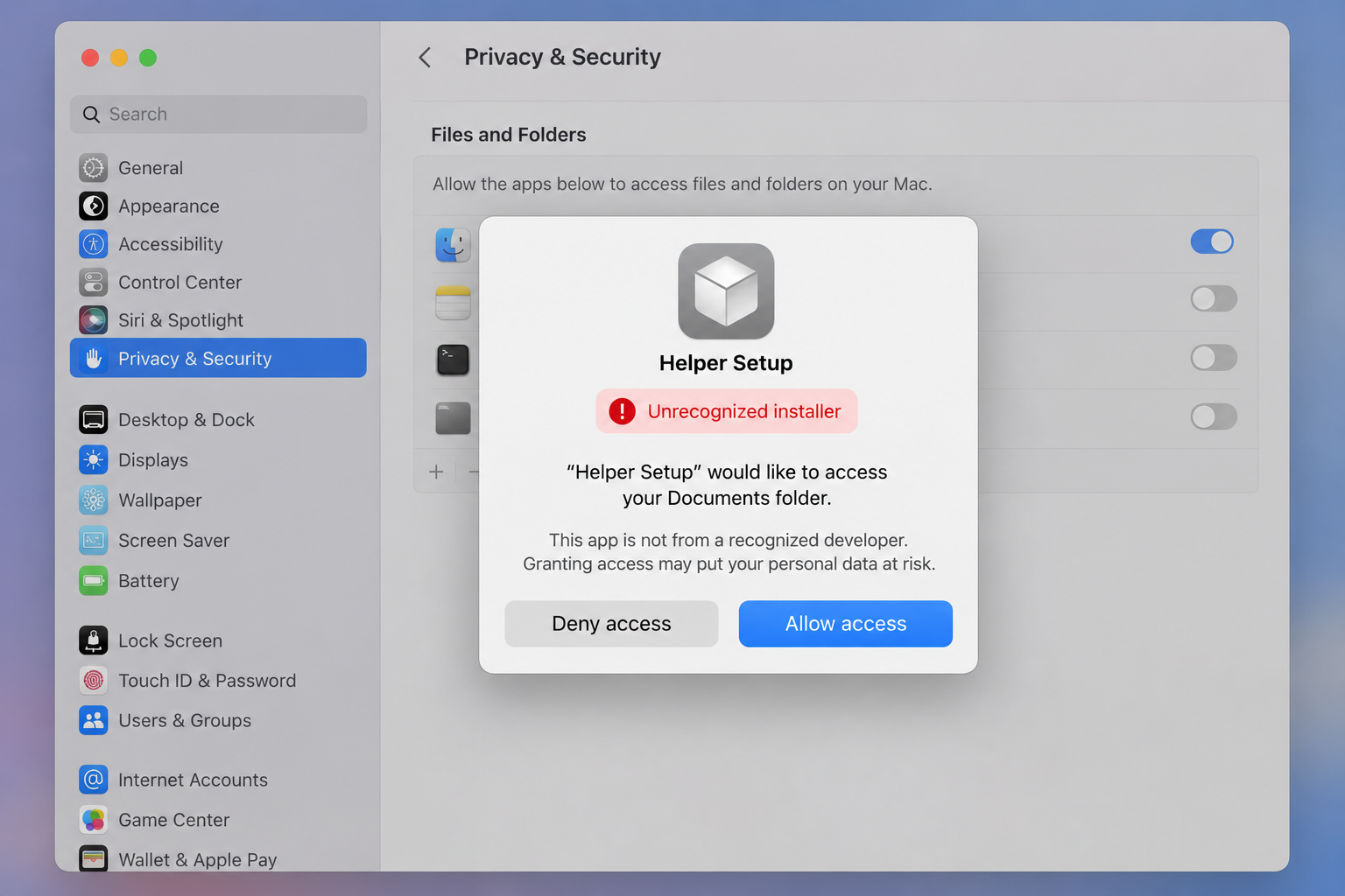 Fake Claude Code Install Scam Exposed: MacSync Stealer Through Search Ads 2 Illustrative macOS security prompt for an unrecognized helper app
