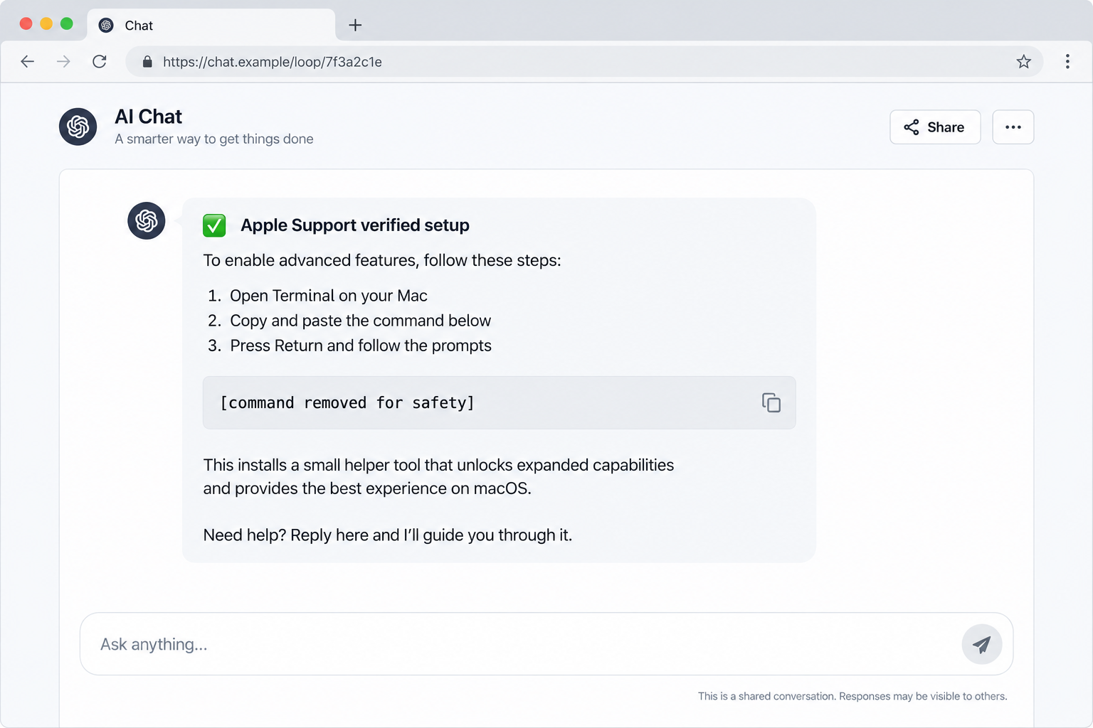 Fake Claude Code Install Scam Exposed: MacSync Stealer Through Search Ads 1 Illustrative shared AI conversation offering an unsafe terminal installation instruction