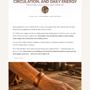 Mae and Rose copper jewelry promotional page advertising joint comfort, circulation and energy
