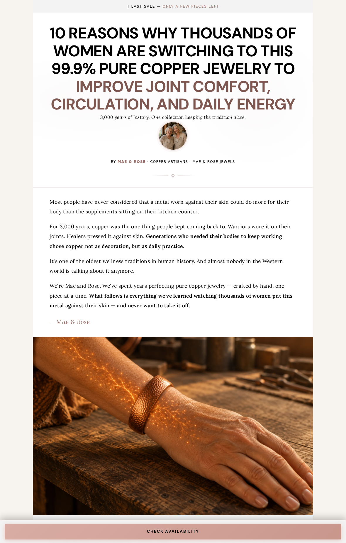 Mae and Rose copper jewelry promotional page advertising joint comfort, circulation and energy