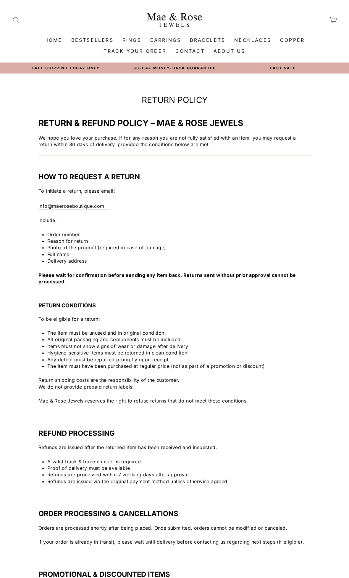 Mae and Rose return policy with regular-price eligibility conditions and customer-paid return postage