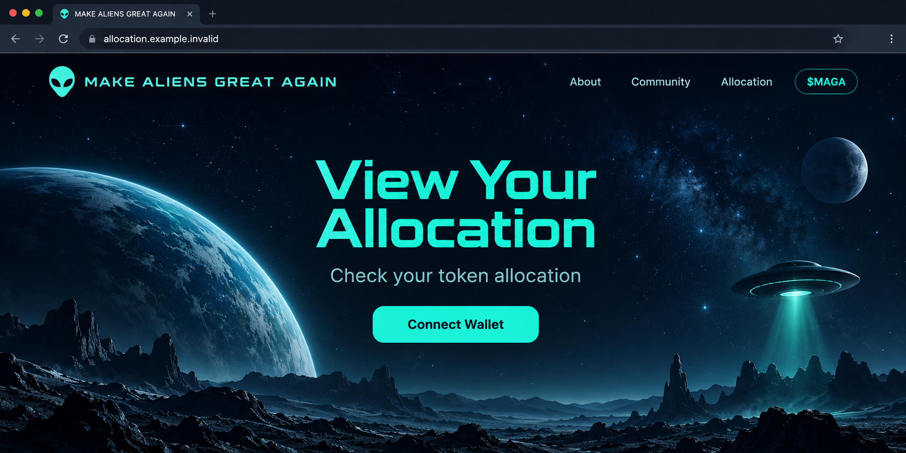 Make Aliens Great Again Allocation Scam: Fake $MAGA Wallet Claim Exposed 1 Illustrative Make Aliens Great Again allocation page with a Connect Wallet button on a fictional domain