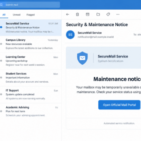 Illustrative SecureMail maintenance email with an Open Official Mail Portal button and fictional account details