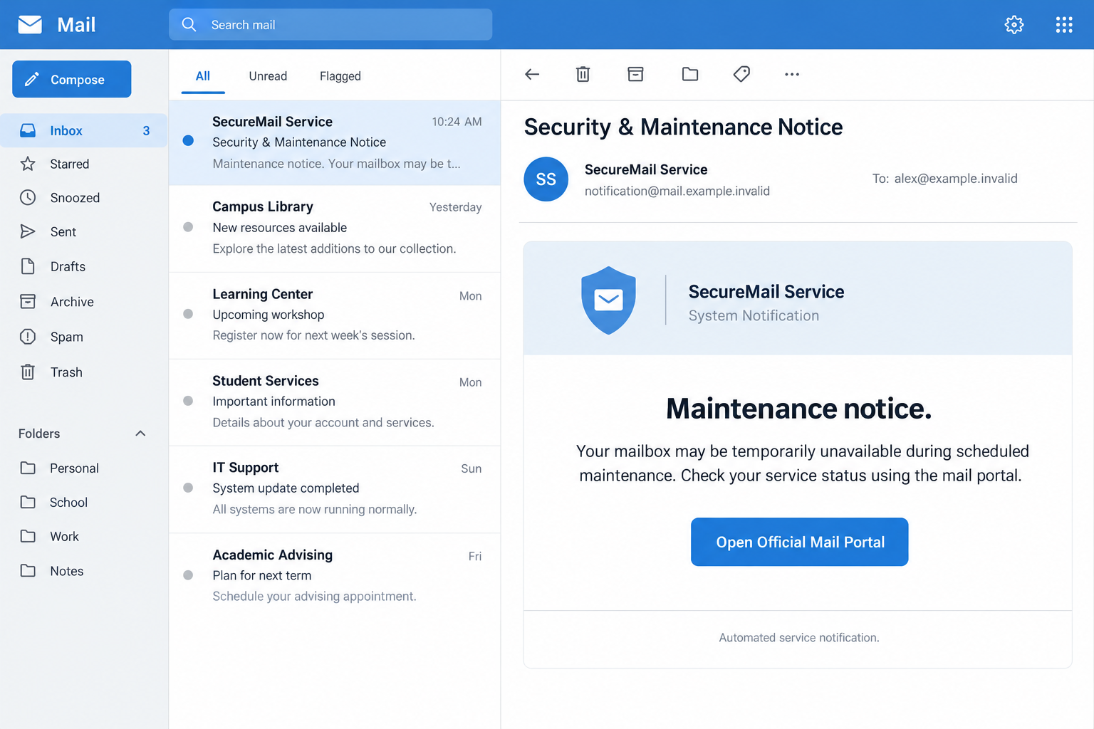 Mailbox Service Maintenance Email Scam: Fake Official Login Portal Exposed 1 Illustrative SecureMail maintenance email with an Open Official Mail Portal button and fictional account details