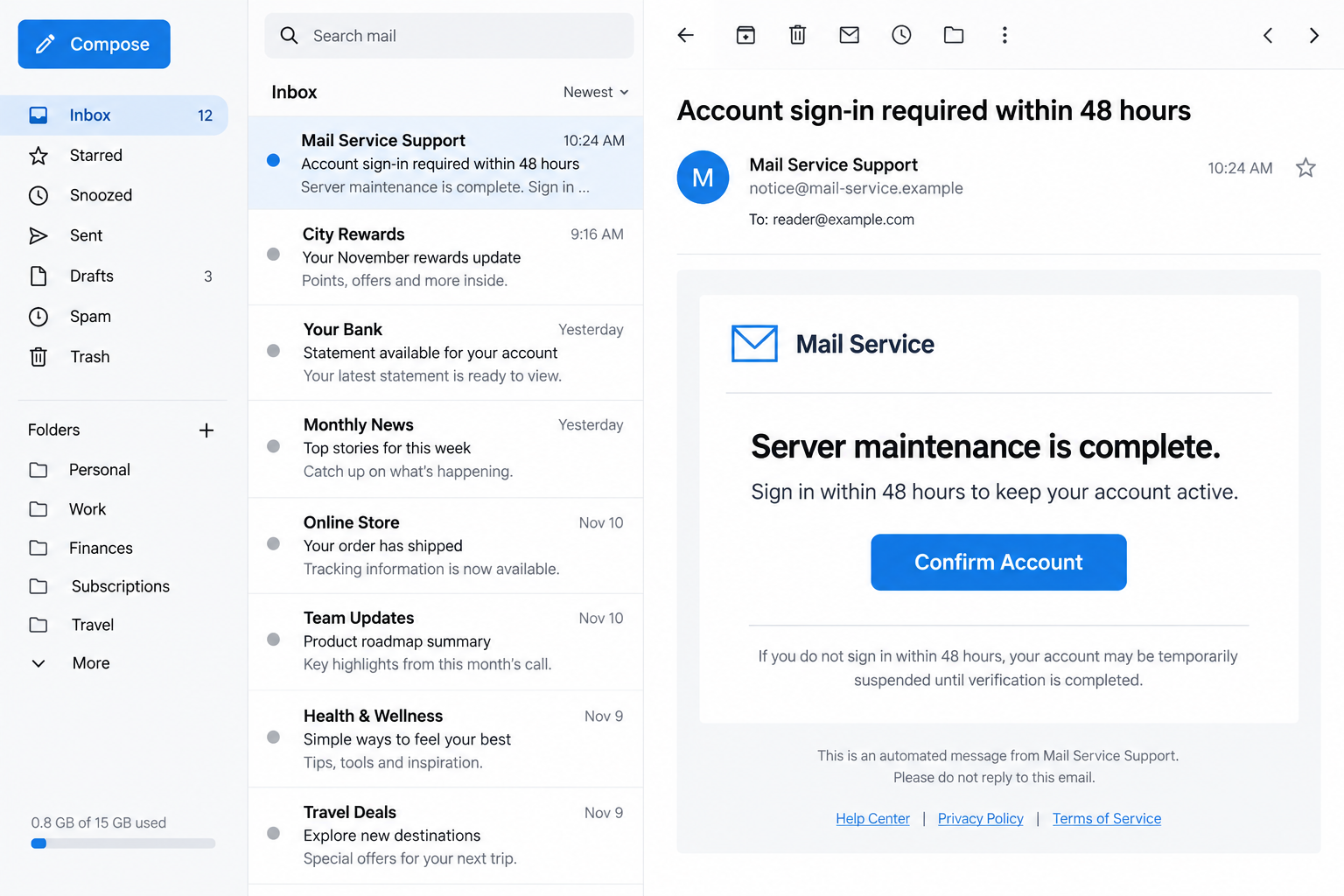 Server Maintenance Email Scam: Fake 48-Hour Sign-In Demand Steals Logins 1 Illustrative server maintenance email using a 48-hour deadline and Confirm Account button