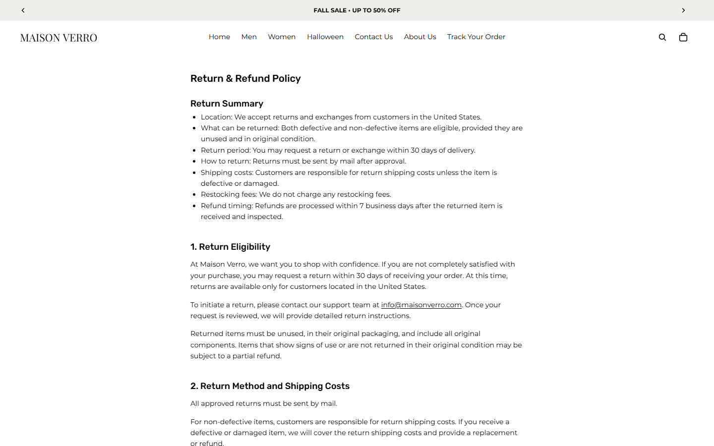 Maison Verro Review: The International Return Address and Buyer Risks 2026 1 Maison Verro return policy displaying its thirty-day return summary