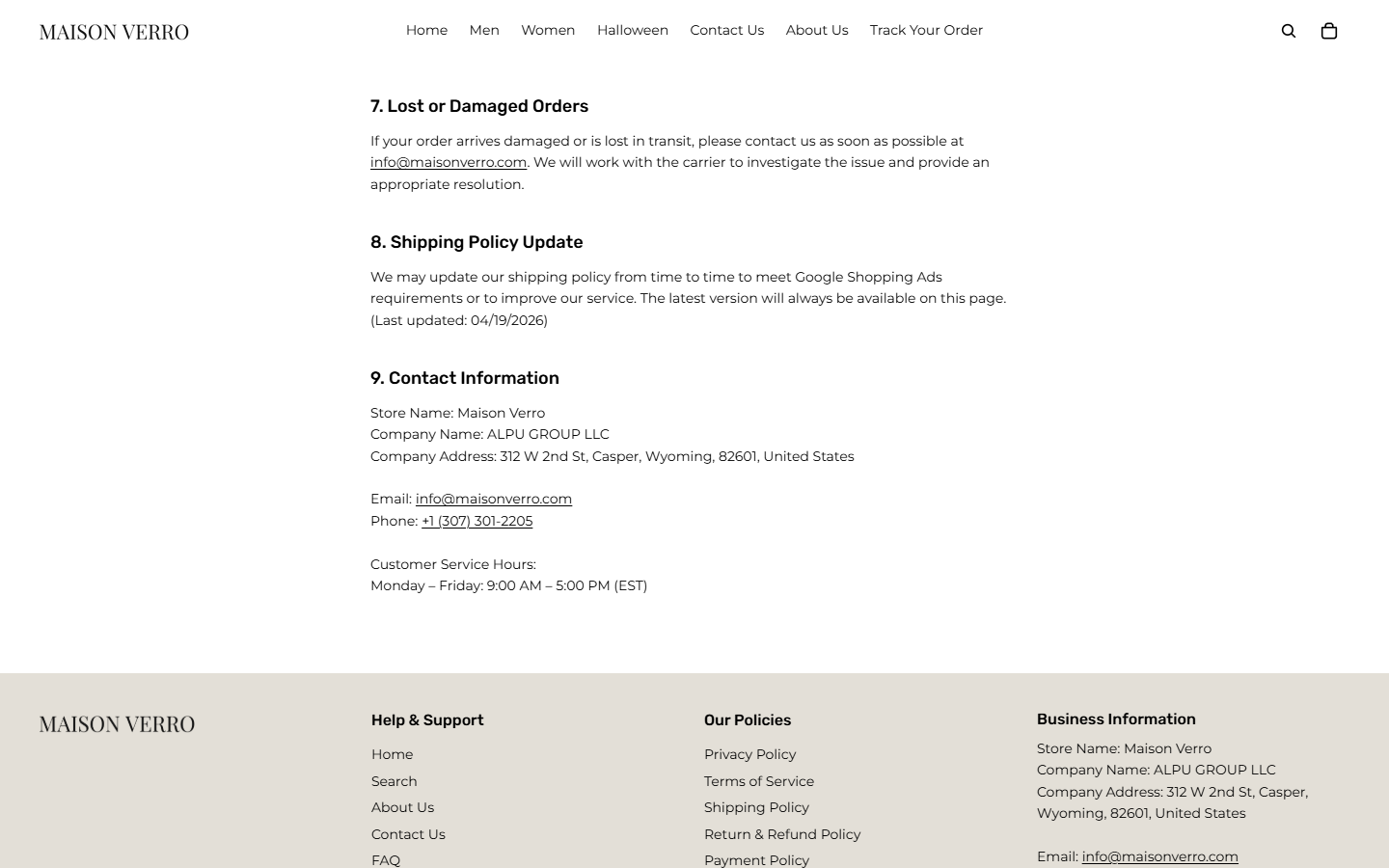 Maison Verro Review: The International Return Address and Buyer Risks 2026 3 Maison Verro shipping policy naming ALPU GROUP LLC and its published contact information