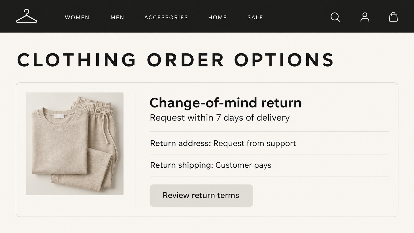 Maisonelux Review: Seven-Day Returns, Seller Identity and Delivery Risks 1 Illustrative clothing return interface showing a seven day request window and customer-paid postage