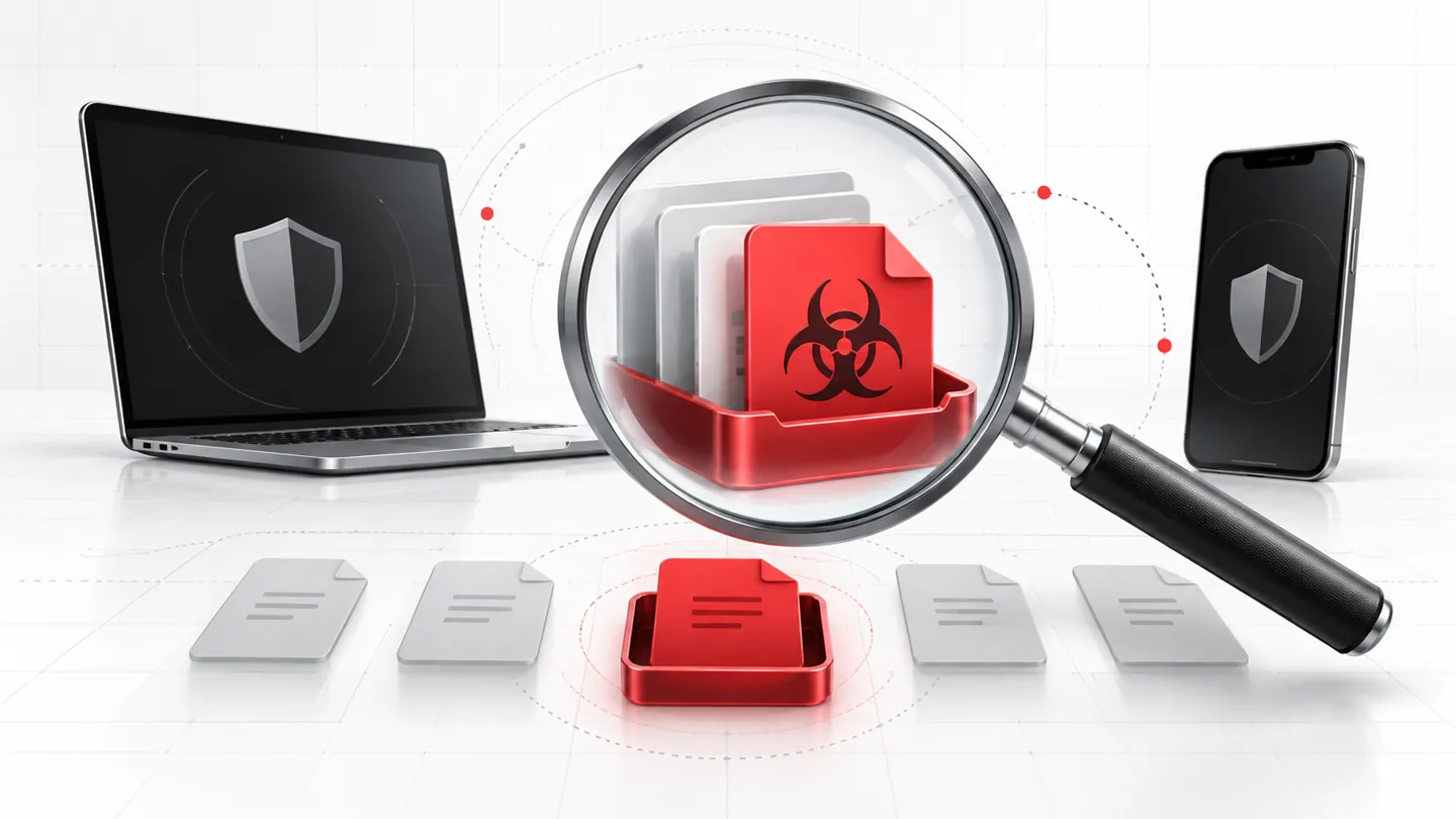 Malwarebytes Scan Guide: Find and Remove Malware on Your Devices (2026) 1 Conceptual illustration of a malware scan reviewing suspicious files across a computer and phone
