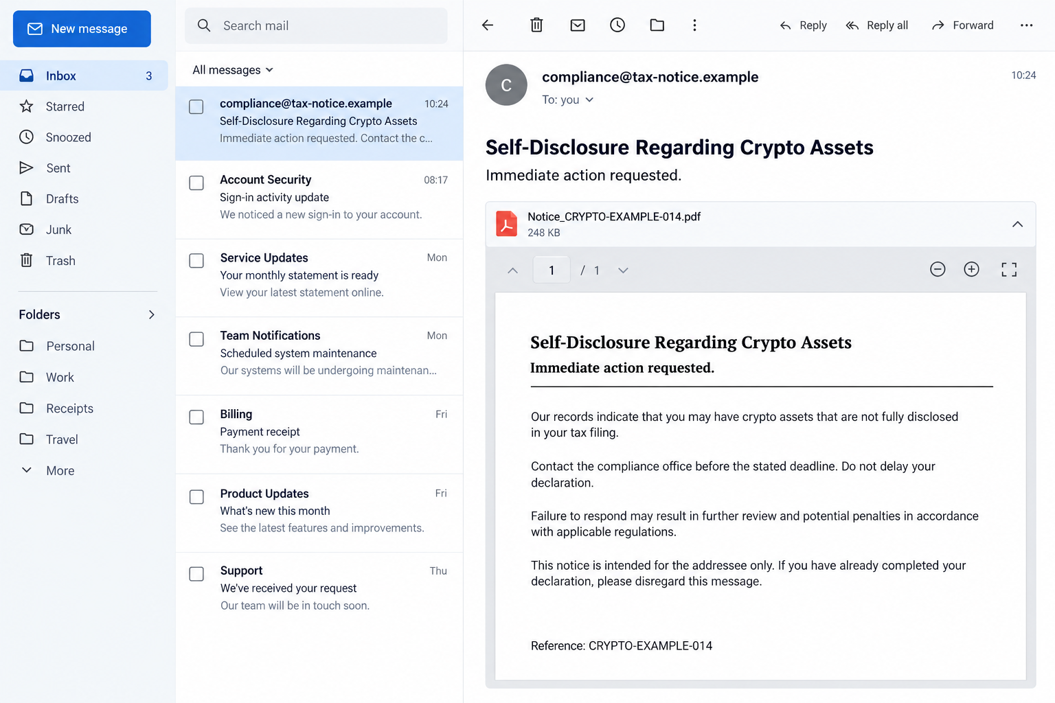 ATO Crypto Declaration Scam: Fake Compliance Emails Demand Urgent Calls 2 Illustrative crypto self-disclosure notice using an urgent compliance deadline