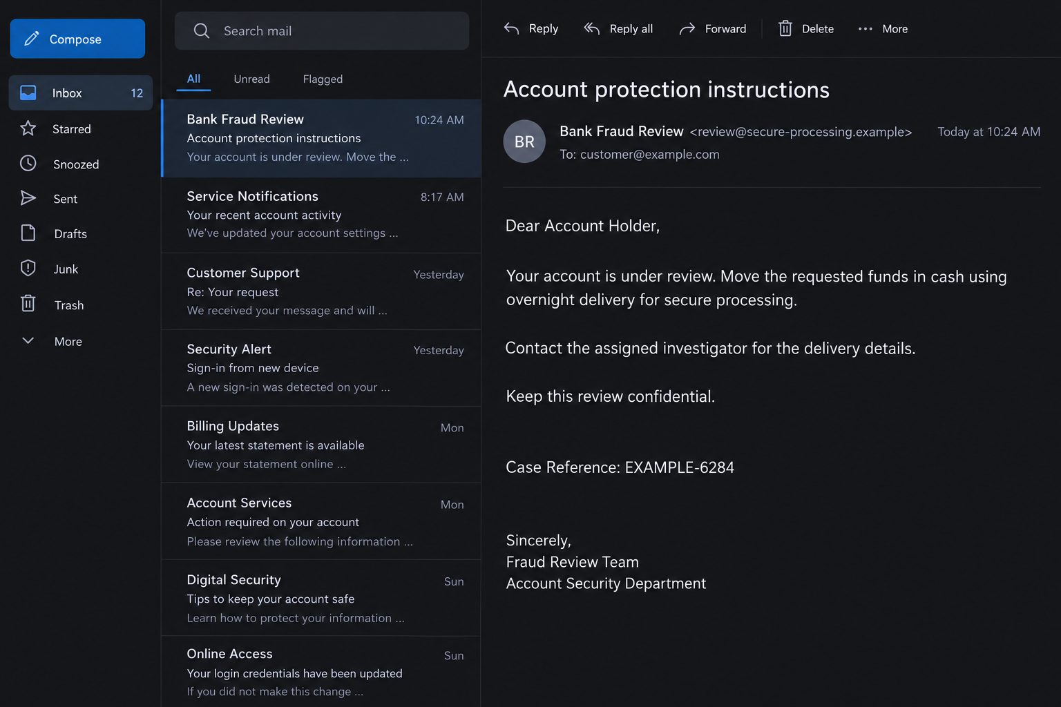 Cash Shipping Scam: Fake Bank and FBI Calls Turn Your Savings Into a Parcel 1 Illustrative fake bank fraud email instructing a victim to ship cash for supposed account protection