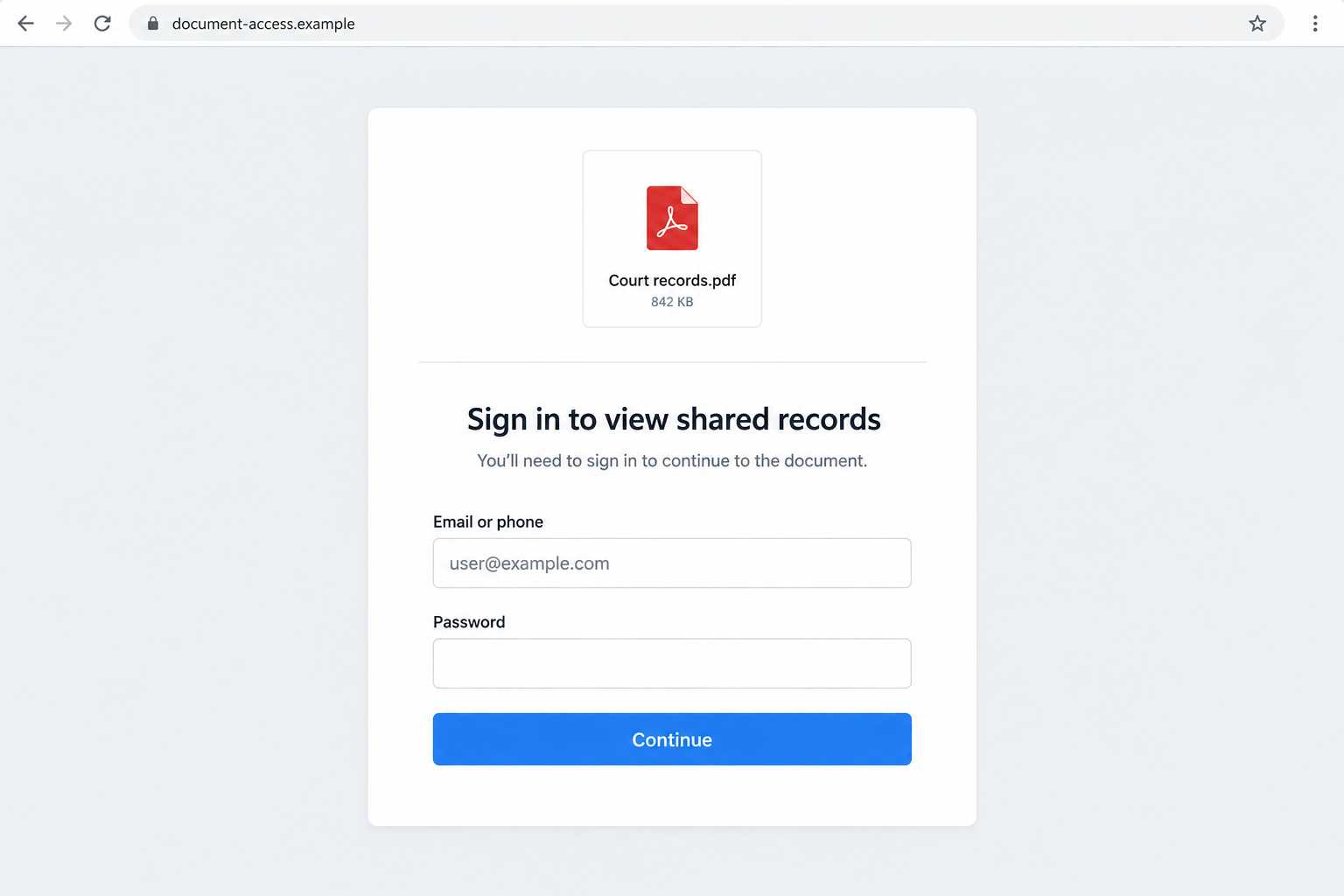 Google Calendar Court Summons Scam: The Page 9 Lure Targets Your Login 2 Illustrative sign-in page asking for credentials before showing supposed court records