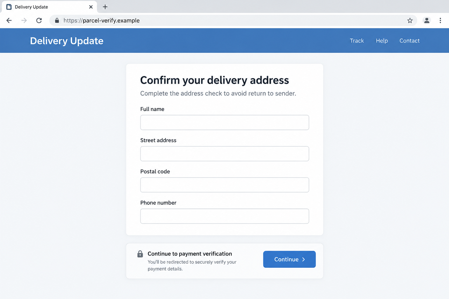 FedEx Delivery Voicemail Scam: The Address Deadline Leads to a Fake Site 2 Illustrative delivery verification page collecting address details before an unverified payment step