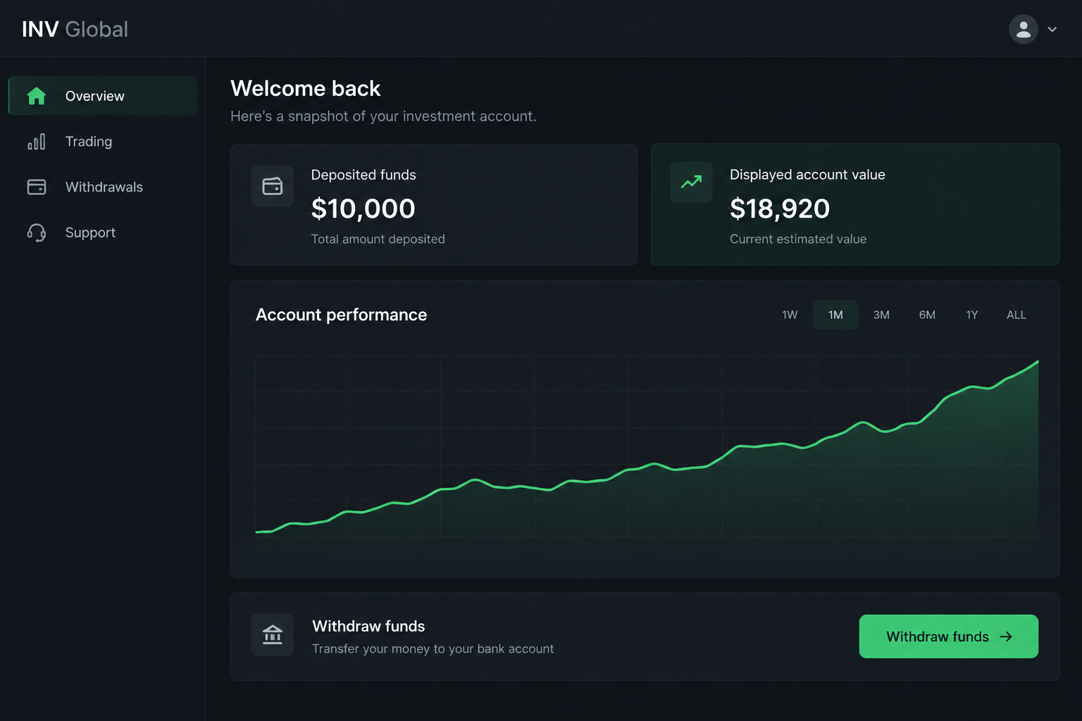 Illustrative counterfeit investment dashboard showing deposits and an increasing account value