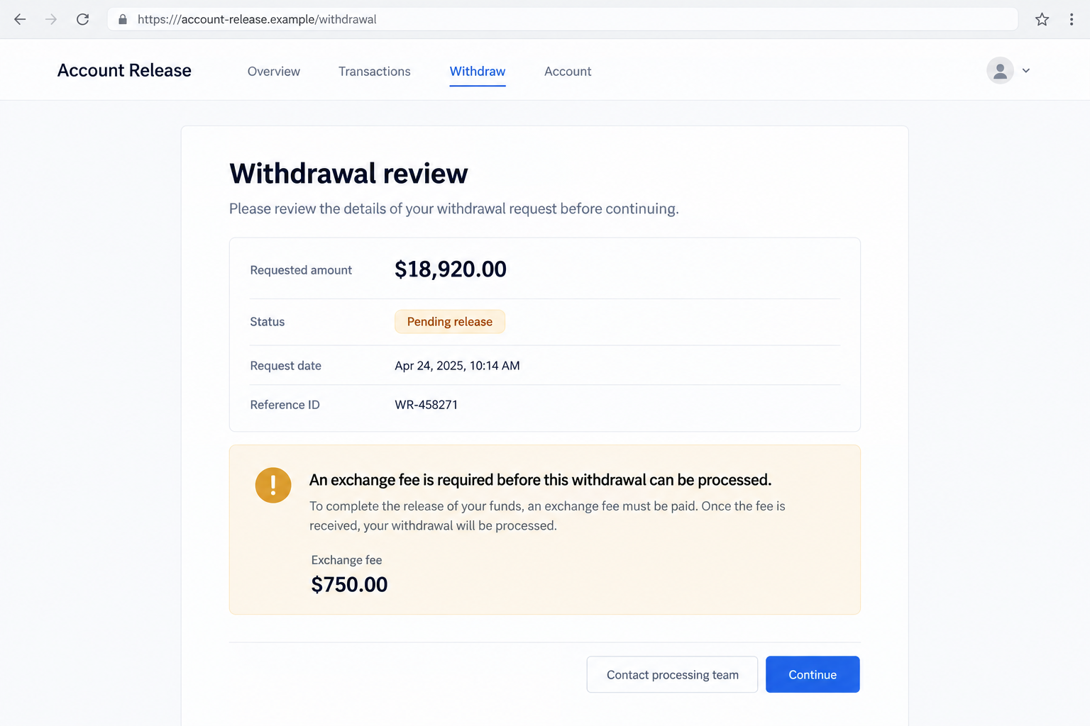 Illustrative counterfeit withdrawal page demanding an exchange fee before releasing a displayed balance