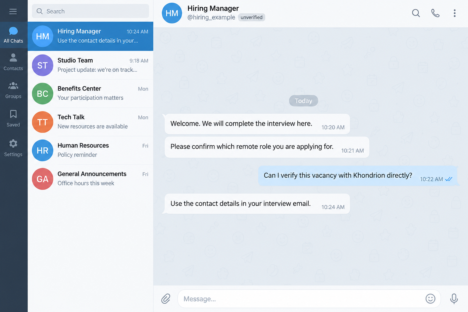 Khondrion Recruitment Scam: Fake Remote Jobs Move Interviews to Telegram 2 Illustrative hiring chat directing an applicant back to unverified interview contact details