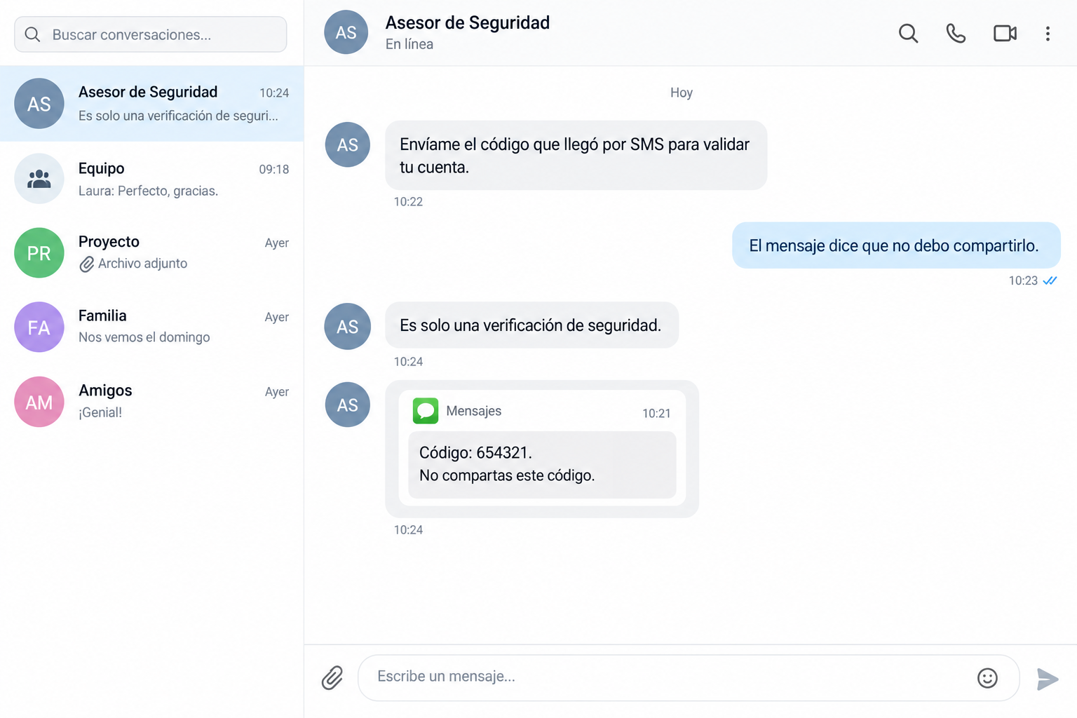 Illustrative Spanish support impostor asking for an SMS code despite a do not share warning
