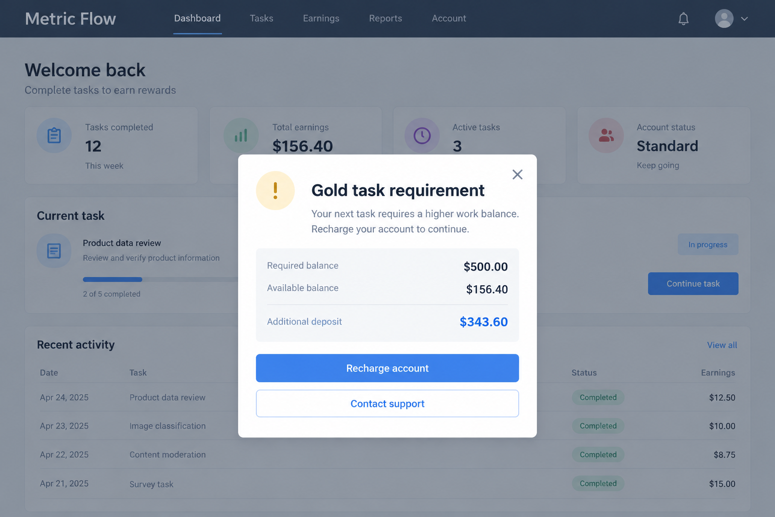 Metric Flow Task Scam: Gold Membership Turns Easy Work Into Deposit Fees 2 Illustrative Gold task requirement asking the worker to recharge a task balance