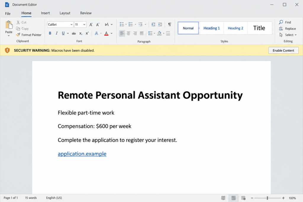 Montclair Job Email Scam: A Fake Assistant Role Arrives In A Word Template