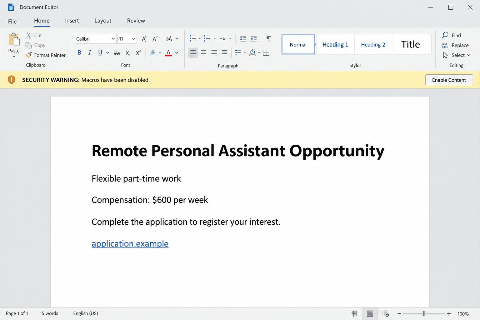 Illustrative remote assistant document showing a macro security warning without enabled content