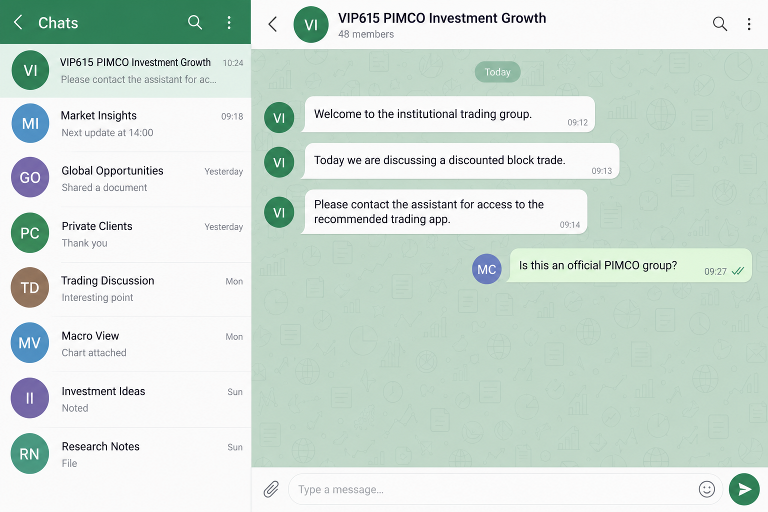 Illustrative fake PIMCO VIP messaging group promoting institutional trades and an unofficial app