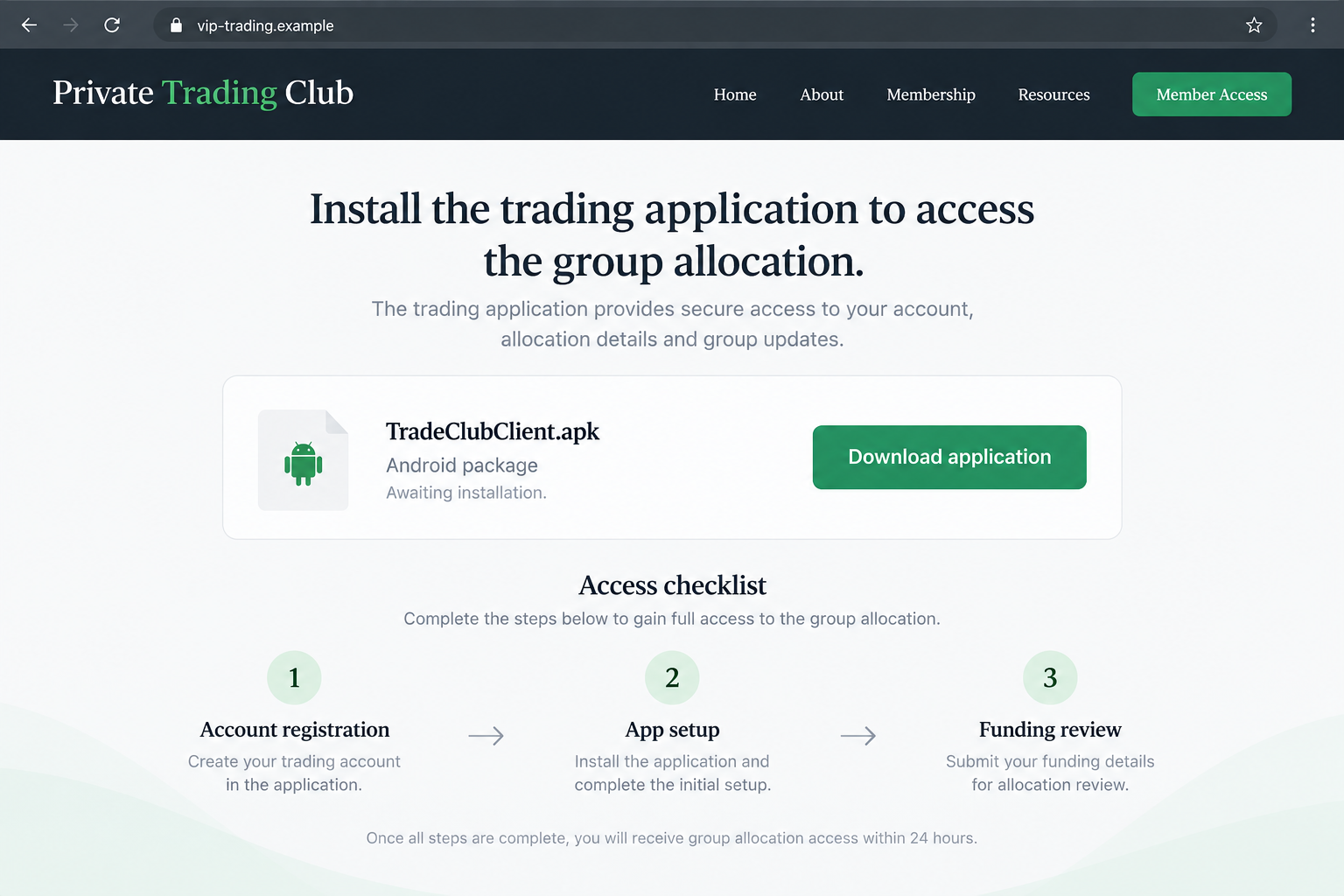 Illustrative private trading club download page offering an unofficial Android application