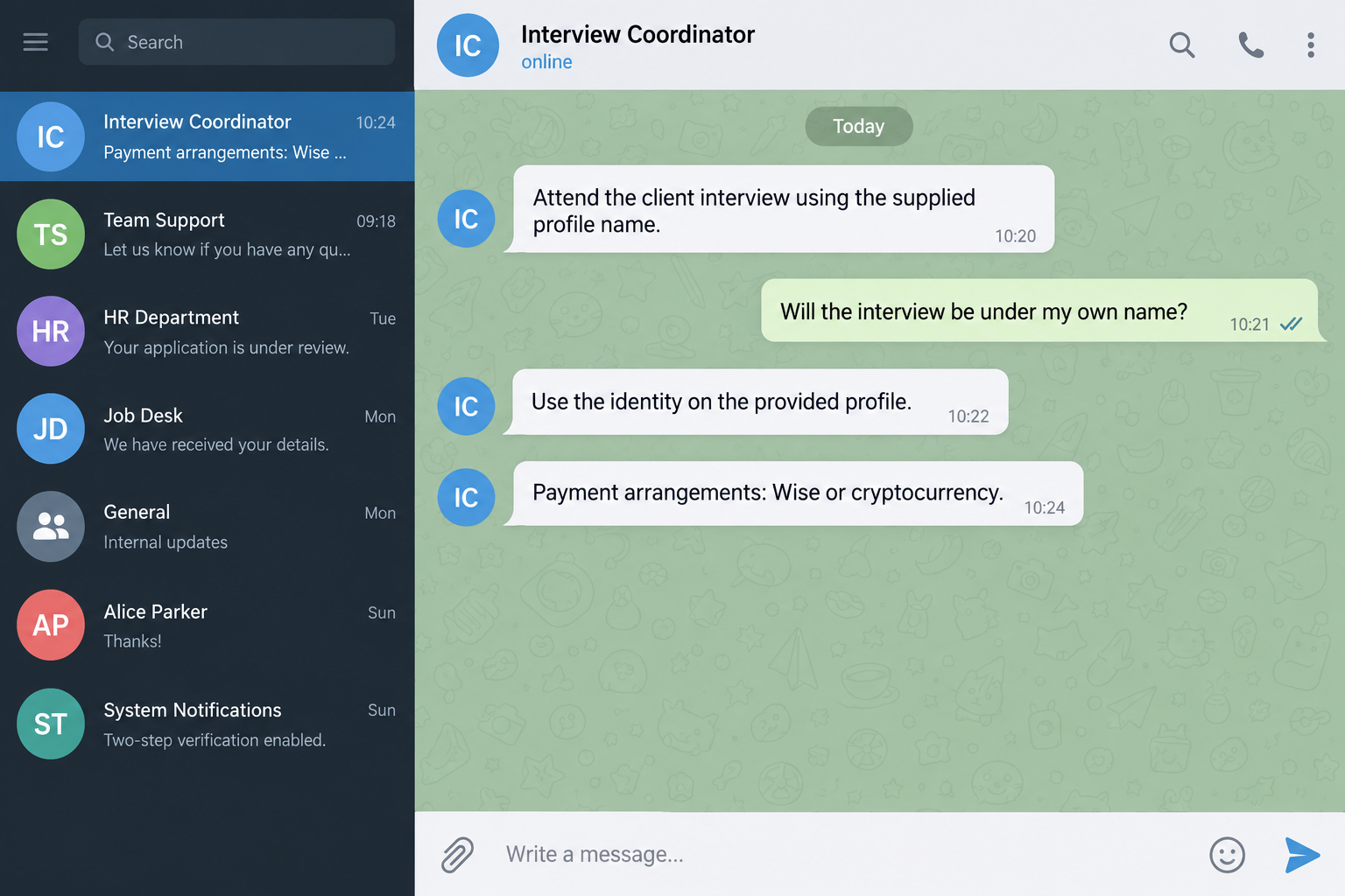 Fake Understanding Recruitment Jobs: The Profile Renting Scam Explained 2 Illustrative interview coordinator requesting use of another identity and referencing Wise or cryptocurrency