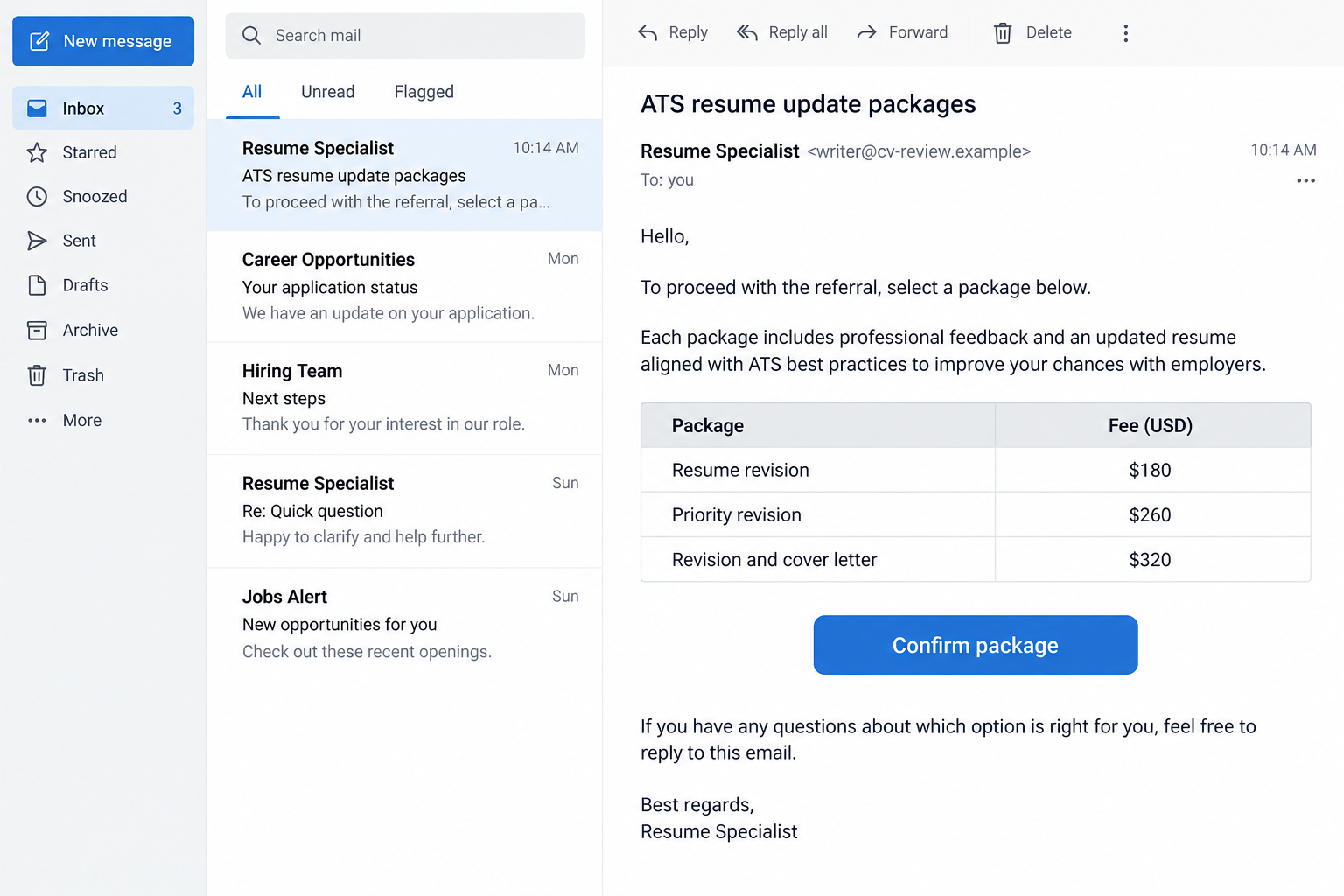 Korn Ferry Recruiter Scam: Fake ATS Rejection Pushes Paid Resume Services 2 Illustrative resume specialist email introducing paid ATS revision packages after a recruitment referral