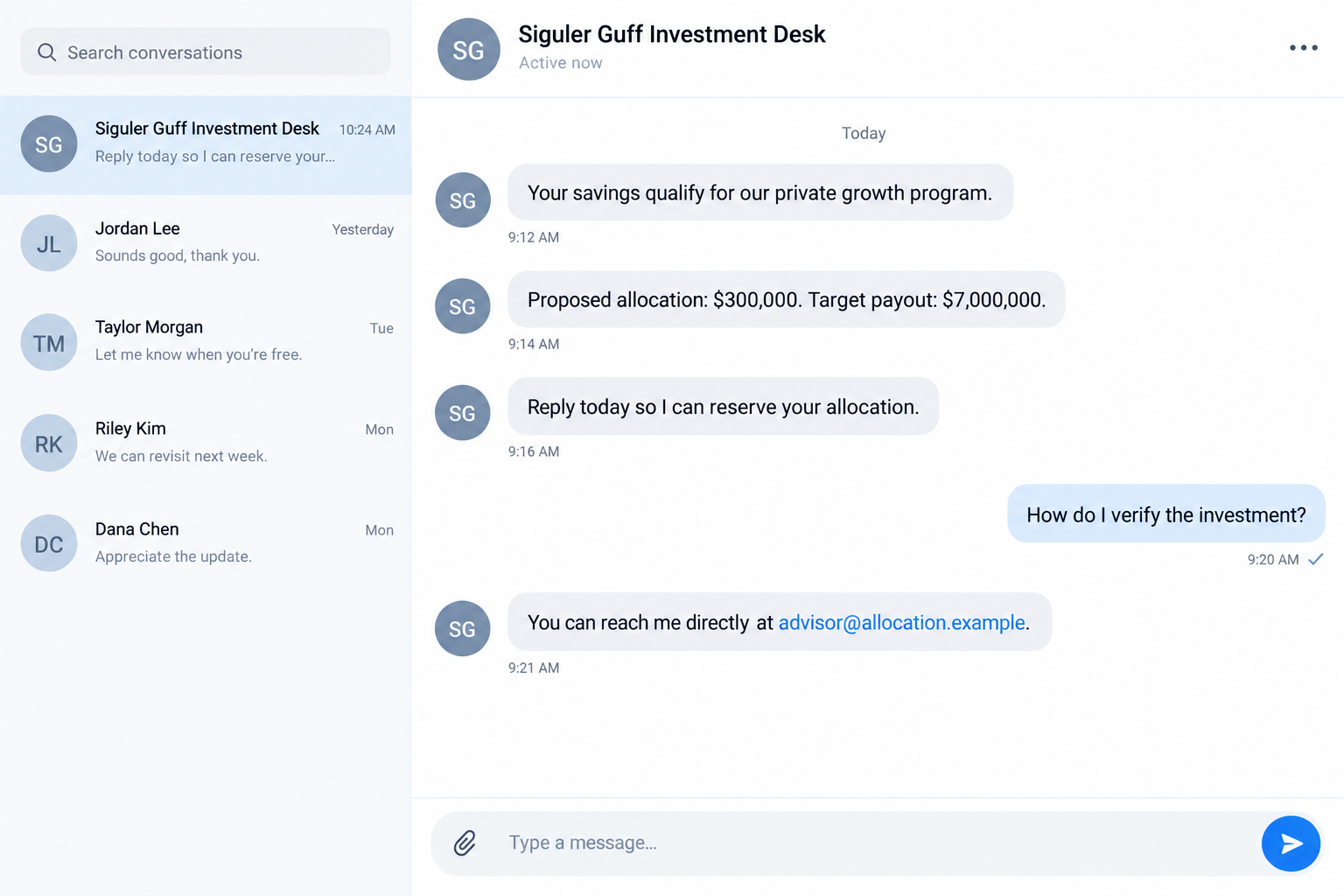 Siguler Guff Impersonation Scam: WhatsApp Promises Put Savings at Risk 1 Illustrative Siguler Guff impersonation chat promising a large payout for an investment allocation
