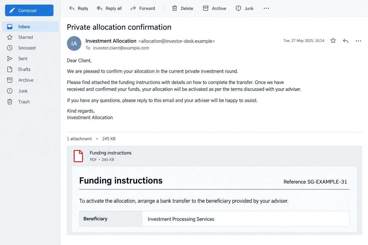 Siguler Guff Impersonation Scam: WhatsApp Promises Put Savings at Risk 2 Illustrative private allocation email introducing bank transfer instructions from an unverified adviser