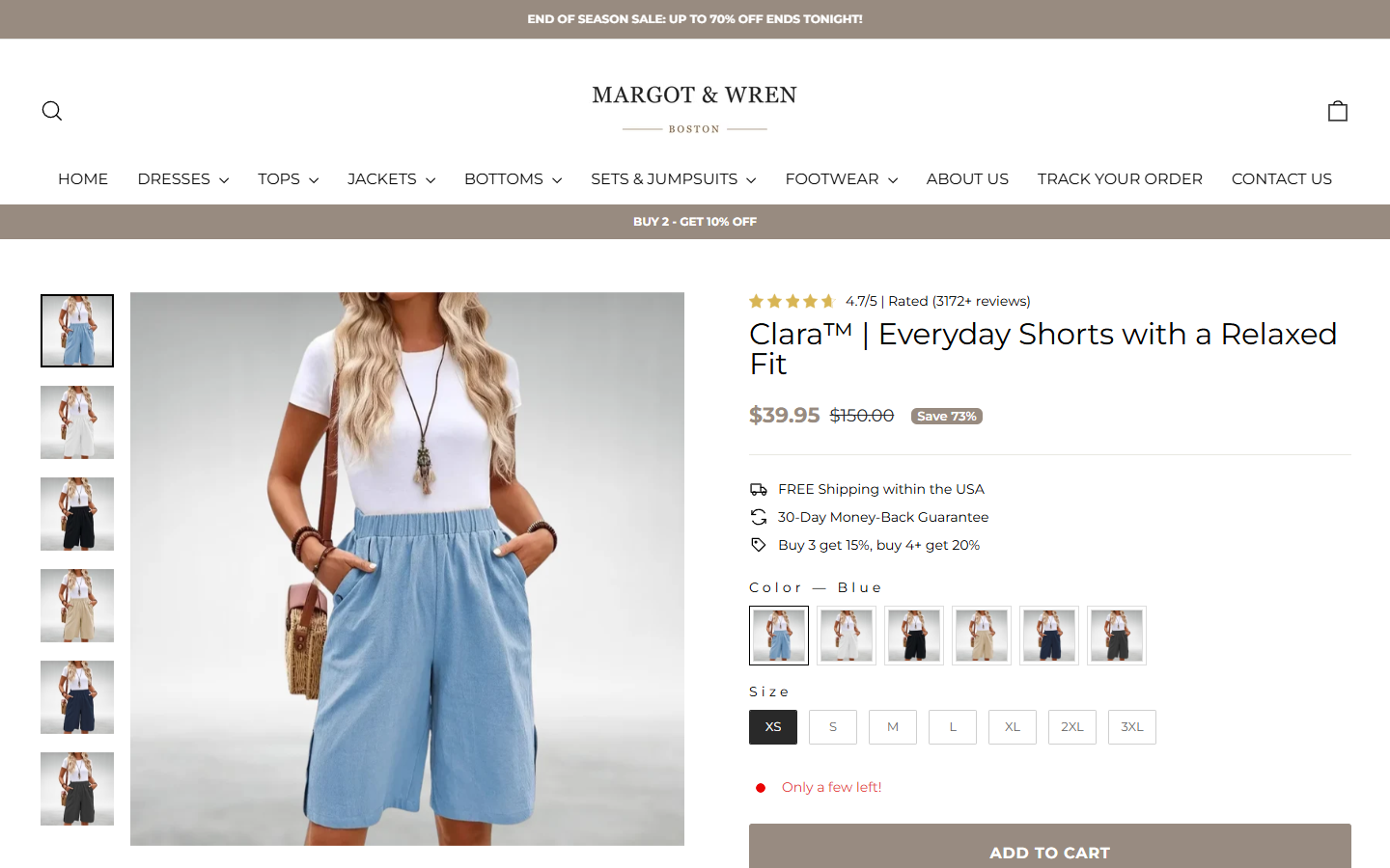 Margot & Wren Boston Review: Boutique Sale and Return Policy Conflicts 2 Clara shorts product page showing sale price and thirty-day refund promise