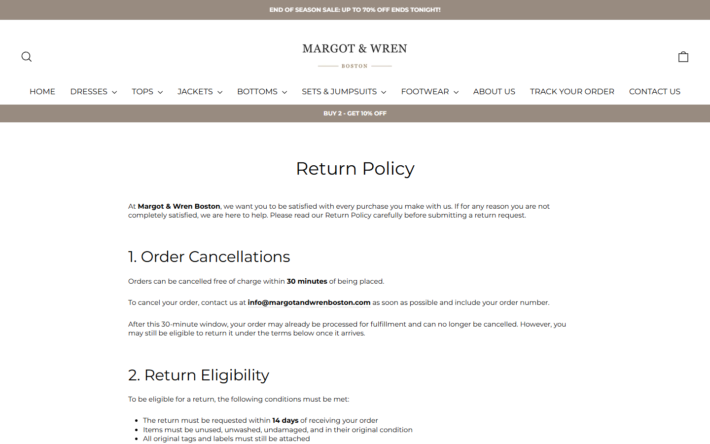 Margot & Wren Boston Review: Boutique Sale and Return Policy Conflicts 3 Margot and Wren Boston formal return policy with fourteen-day request and international postage terms