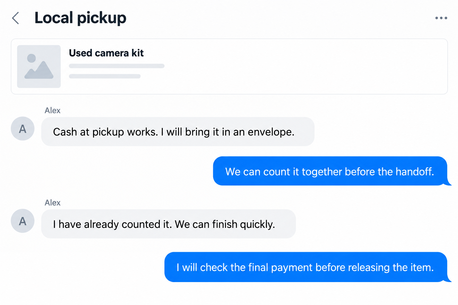 Illustrative marketplace chat arranging cash in an envelope and a final payment check before releasing an item