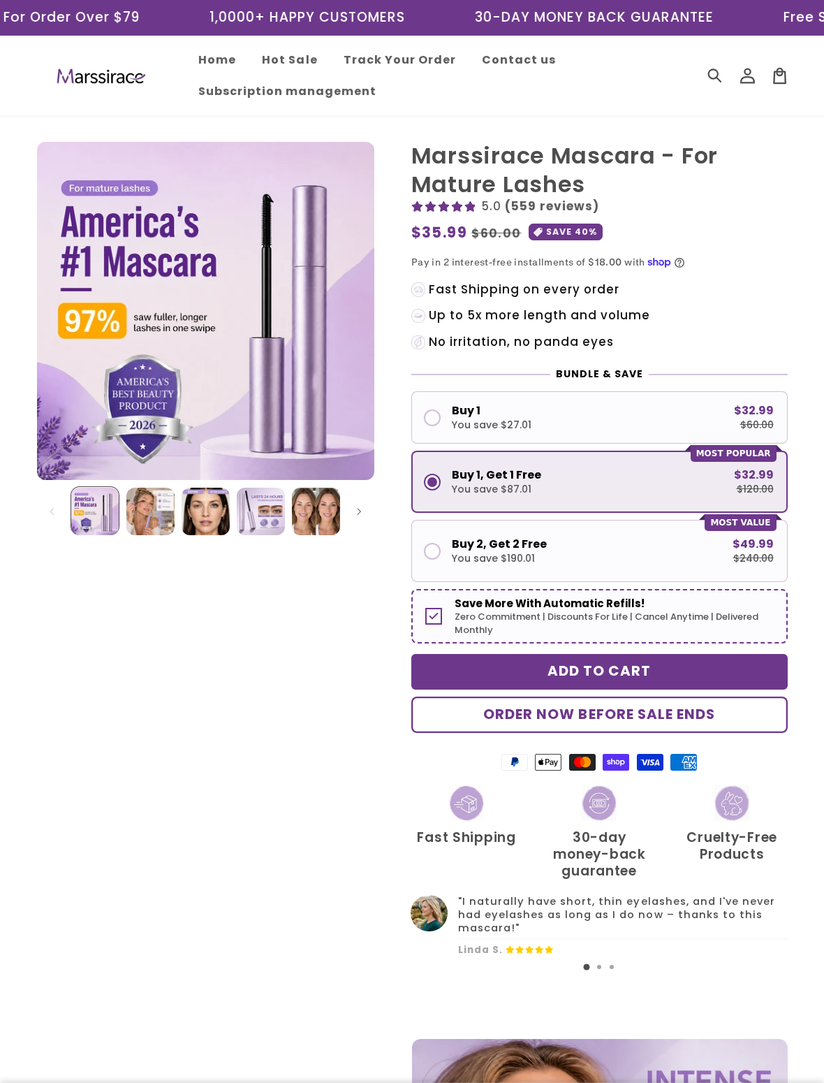 Marssirace Mascara Review: Monthly Refills and Refund Conflicts Explained 1 Marssirace mature-lash mascara offer with automatic monthly refills checked and bundle options displayed