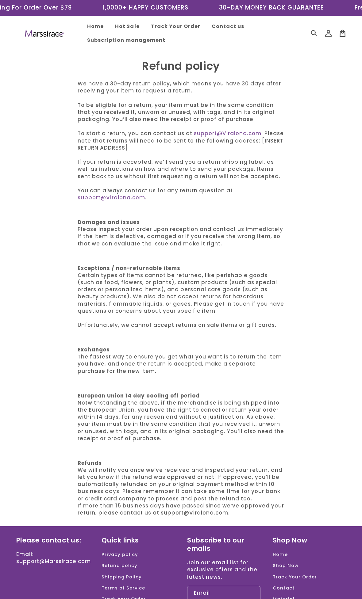 Marssirace Mascara Review: Monthly Refills and Refund Conflicts Explained 3 Separate Marssirace standard refund policy showing a Viralona email, return-address placeholder and beauty-product exclusion