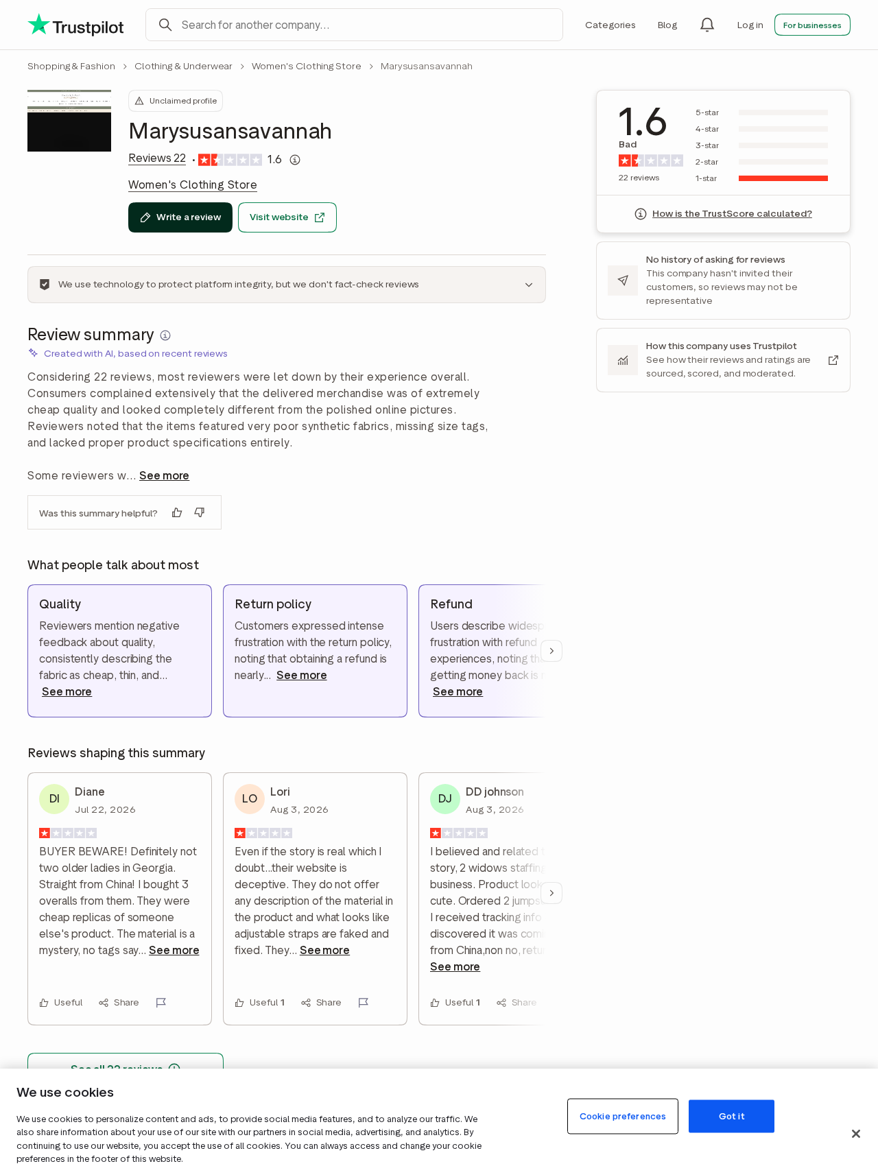 Mary & Susan Savannah: Scam or Legit? Customer Complaints Investigated 1 Trustpilot profile for Mary and Susan Savannah displaying its rating and customer complaints