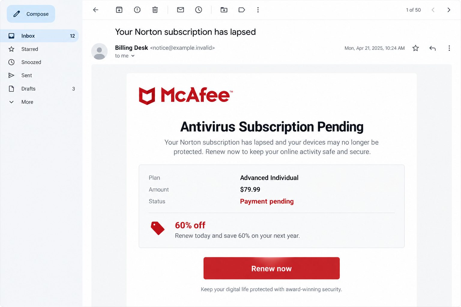 McAfee Subscription Pending Email Scam: Fake Renewal Payment Trap Exposed 1 Illustrative subscription email mixing a Norton subject with McAfee billing claims