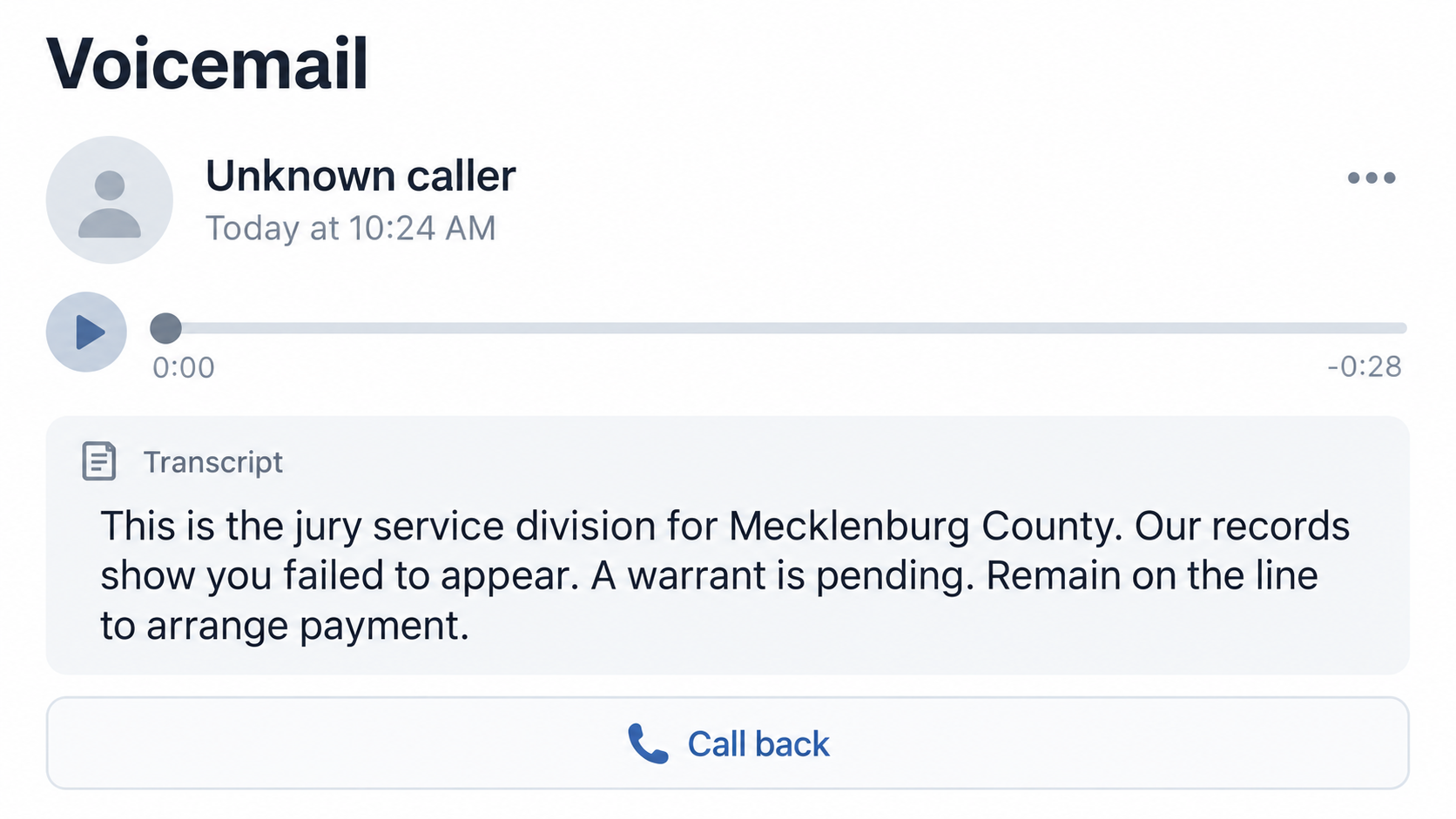 Mecklenburg County Jury Duty Scam: Fake Arrest Threats and Payment Demands 1 Illustrative voicemail transcript using a Mecklenburg County jury service payment threat