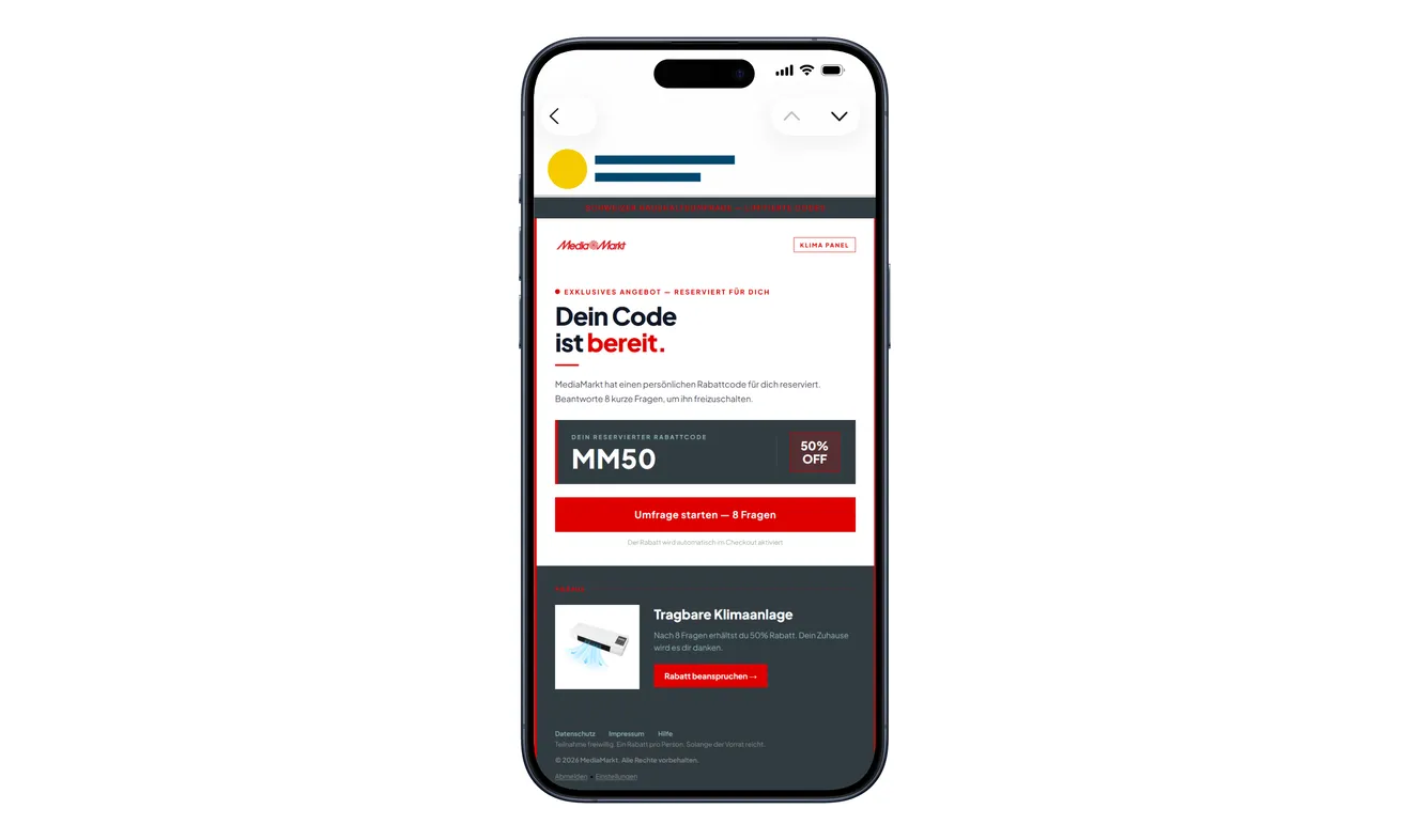 MediaMarkt MM50 Email Scam: A Fake AC Discount Ends at a Card-Data Trap 1 Original fraudulent MediaMarkt MM50 email offering an air-conditioner discount after eight survey questions