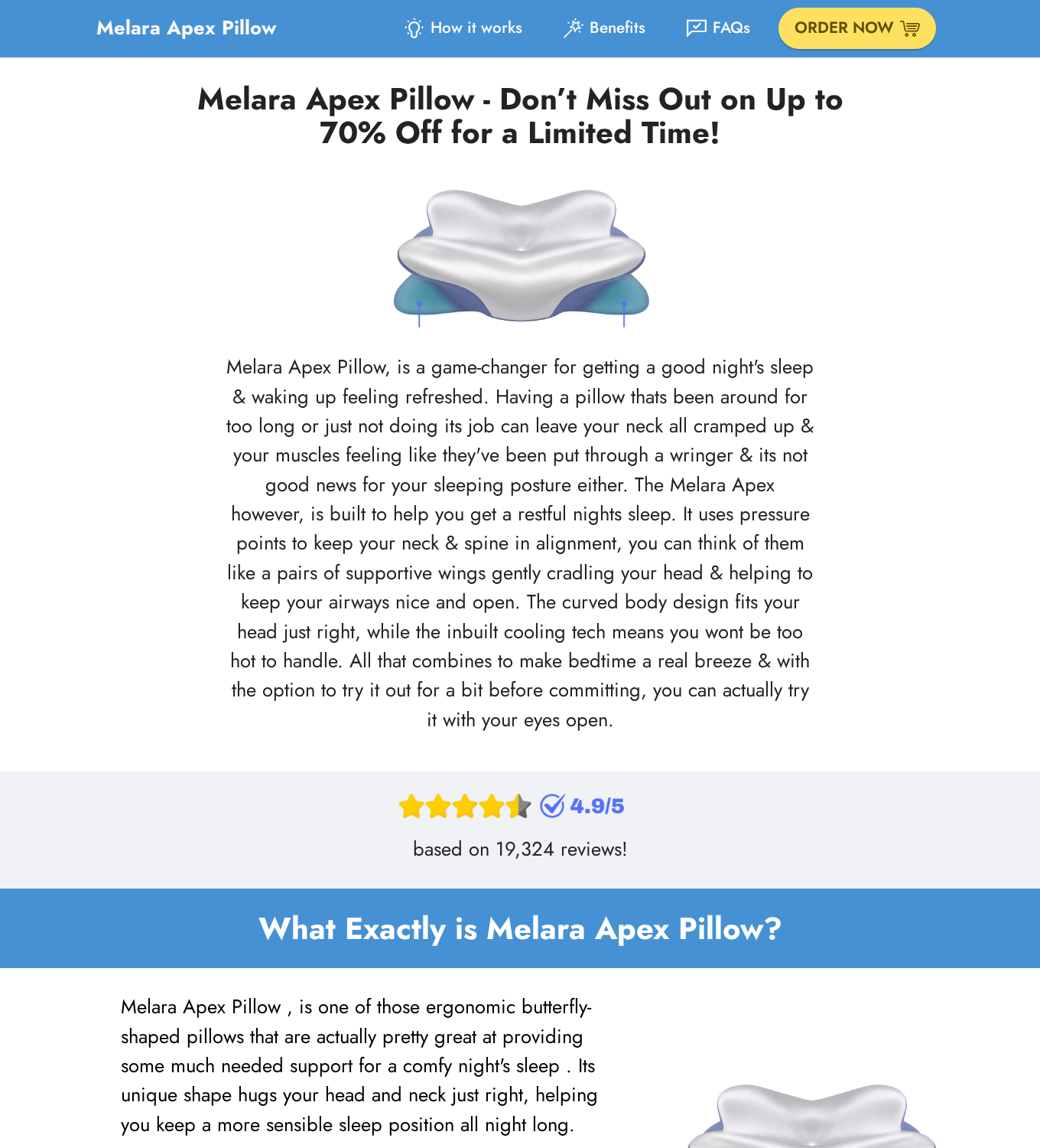 Melara Apex Pillow Investigation: Sleep Claims, Add-Ons and Refund Risks 1 Melara Apex Pillow promotional page showing a butterfly-shaped pillow, discount claims, and a displayed customer-rating total